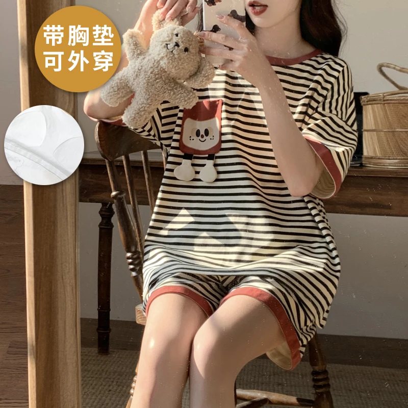 带胸垫睡衣女夏季短袖短裤两件套装防凸点可外穿少女生卡通家居服