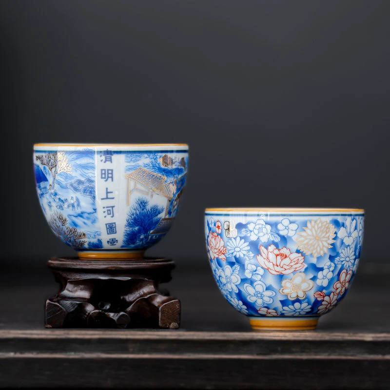 复古陶瓷青花掐丝金主人杯中国风办公家用品茗杯大容量泡茶杯单杯