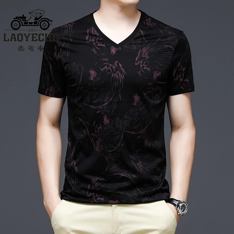 老爷车夏季冰丝短袖t恤男士鸡心v领印花潮流休闲高档体恤半袖上衣