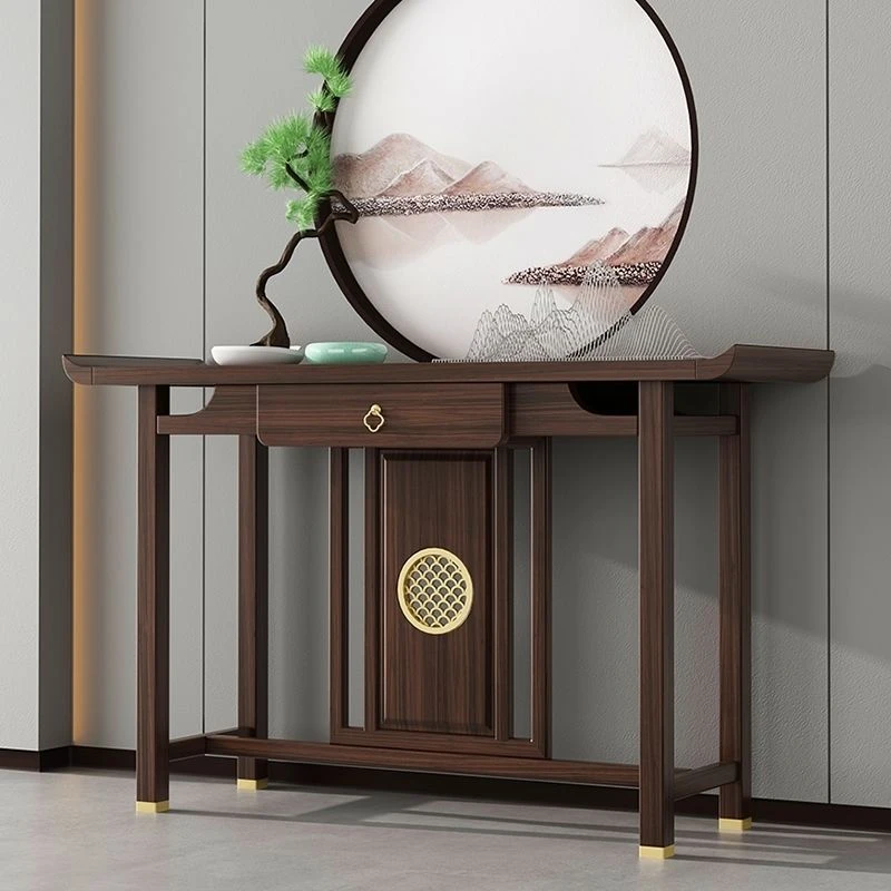 新中式乌金木玄关桌隔断靠墙条案入户玄关柜全实木轻奢玄关台定制