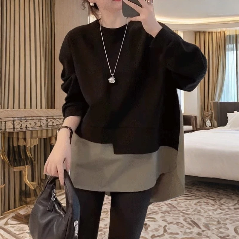 秋冬季新款宽松慵懒风圆领套头上衣拼接设计感小众撞色假两件卫衣