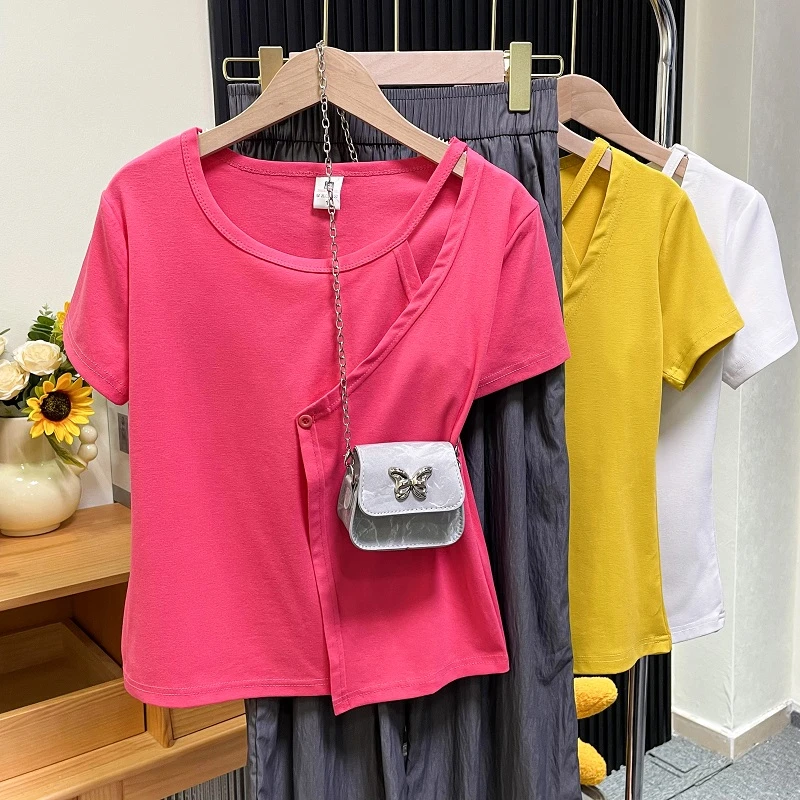 美式镂空设计感纽扣正肩短袖T恤女夏季纯欲辣妹修身显瘦短款上衣