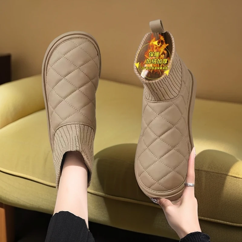 网红秋冬时尚百搭防寒保暖棉鞋女鞋一脚蹬雪地靴加绒加厚菱格韩版