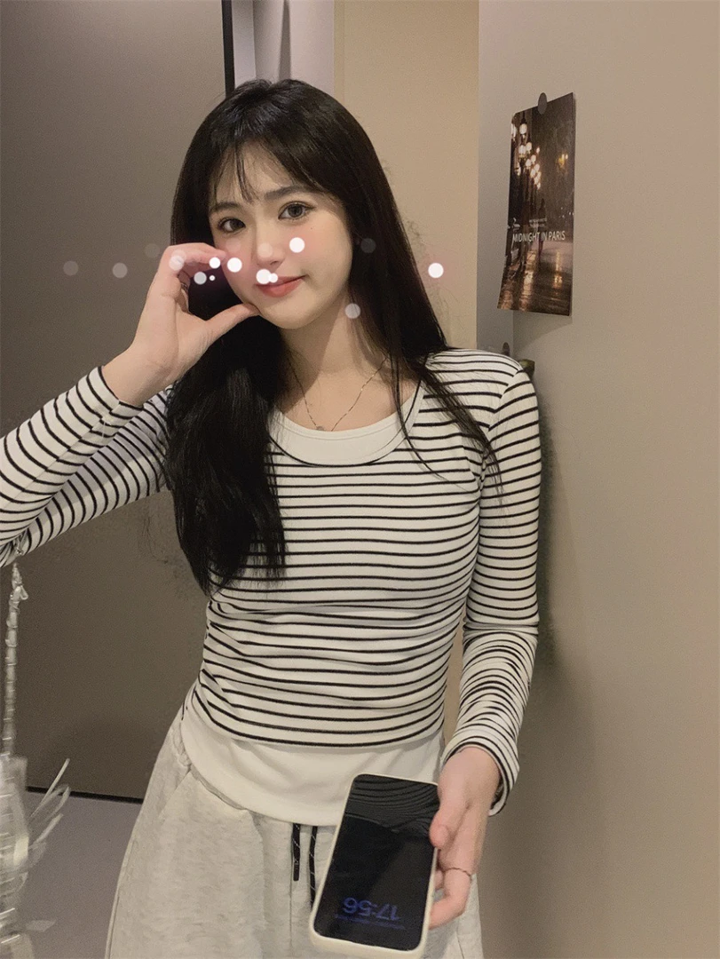 韩版假两件长袖上衣女秋装新款设计感时尚洋气百搭条纹打底小衫潮