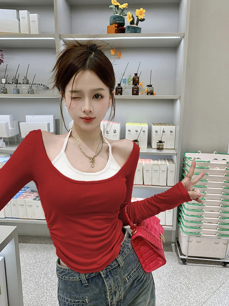 少女风辣妹粉色假两件T恤女秋季修身显瘦长袖正肩设计感挂脖上衣