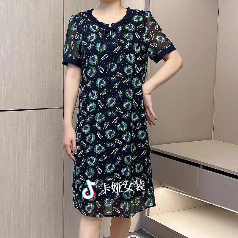 女装新款短袖系带连衣裙2023夏季气质碎花休闲时尚大码遮肚裙子潮