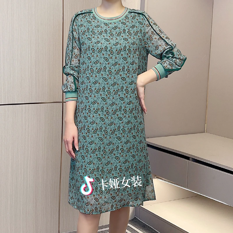 时尚妈妈装长袖圆领印花裙子气质贵夫人连衣裙F1624