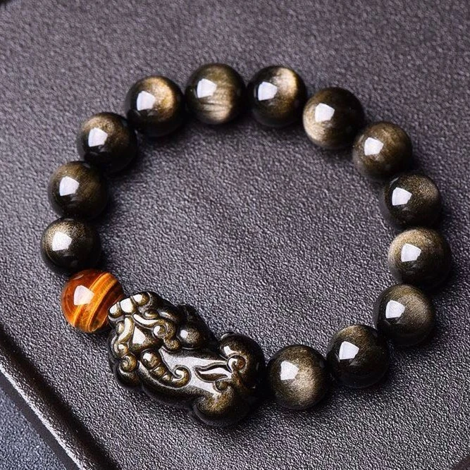 【配国检证书】天然正品黑曜石手串金曜石貔貅手链叼虎眼石手串男款
