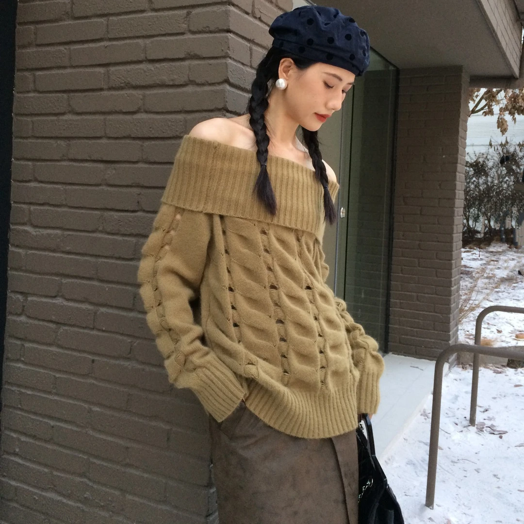 秋冬美拉德复古镂空一字领宽松露肩毛衣女慵懒风83808