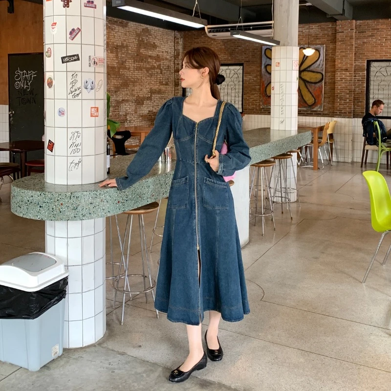2024新款复古牛仔裙显瘦开叉泡泡袖连衣裙女C0333