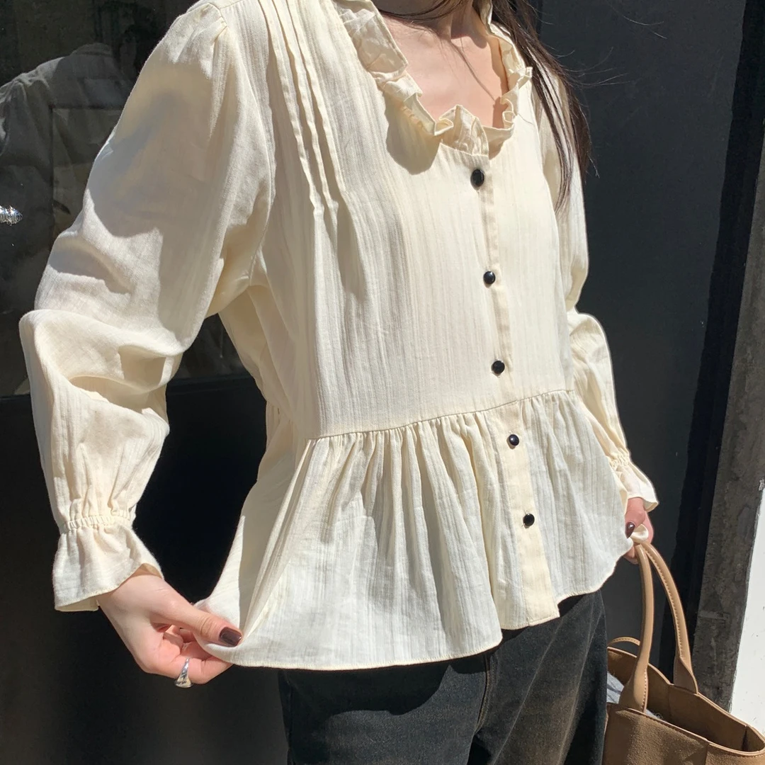 秋冬法式女装设计感木耳边棉长袖衬衫女宽松83731