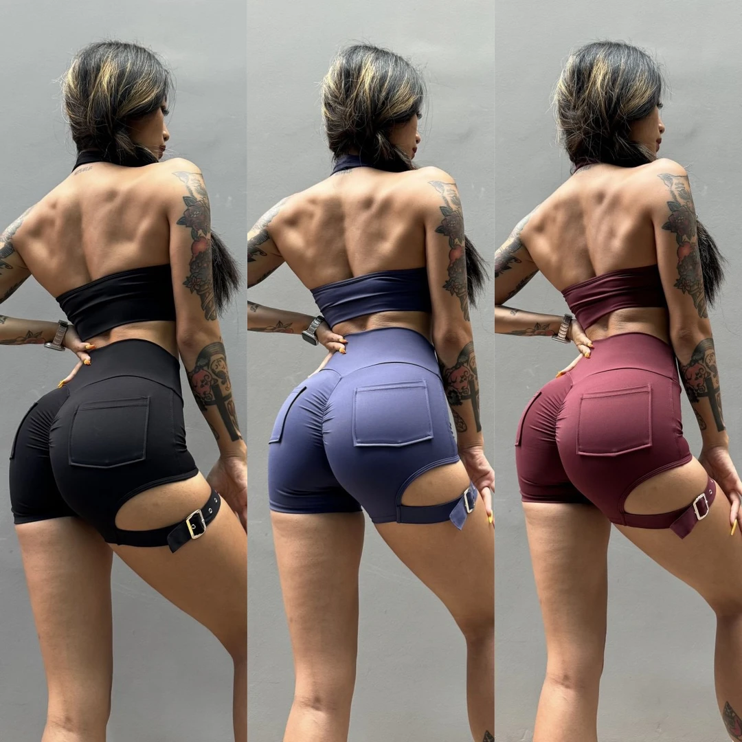 性感欧美辣妹工装口袋短裤女镂空调节腿环健身运动瑜伽跑步翘臀裤