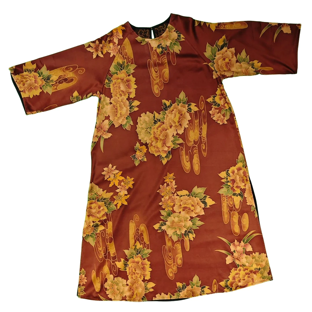 十二姨香云纱新国风提花宽松圆领半袖旗袍（AF4815）