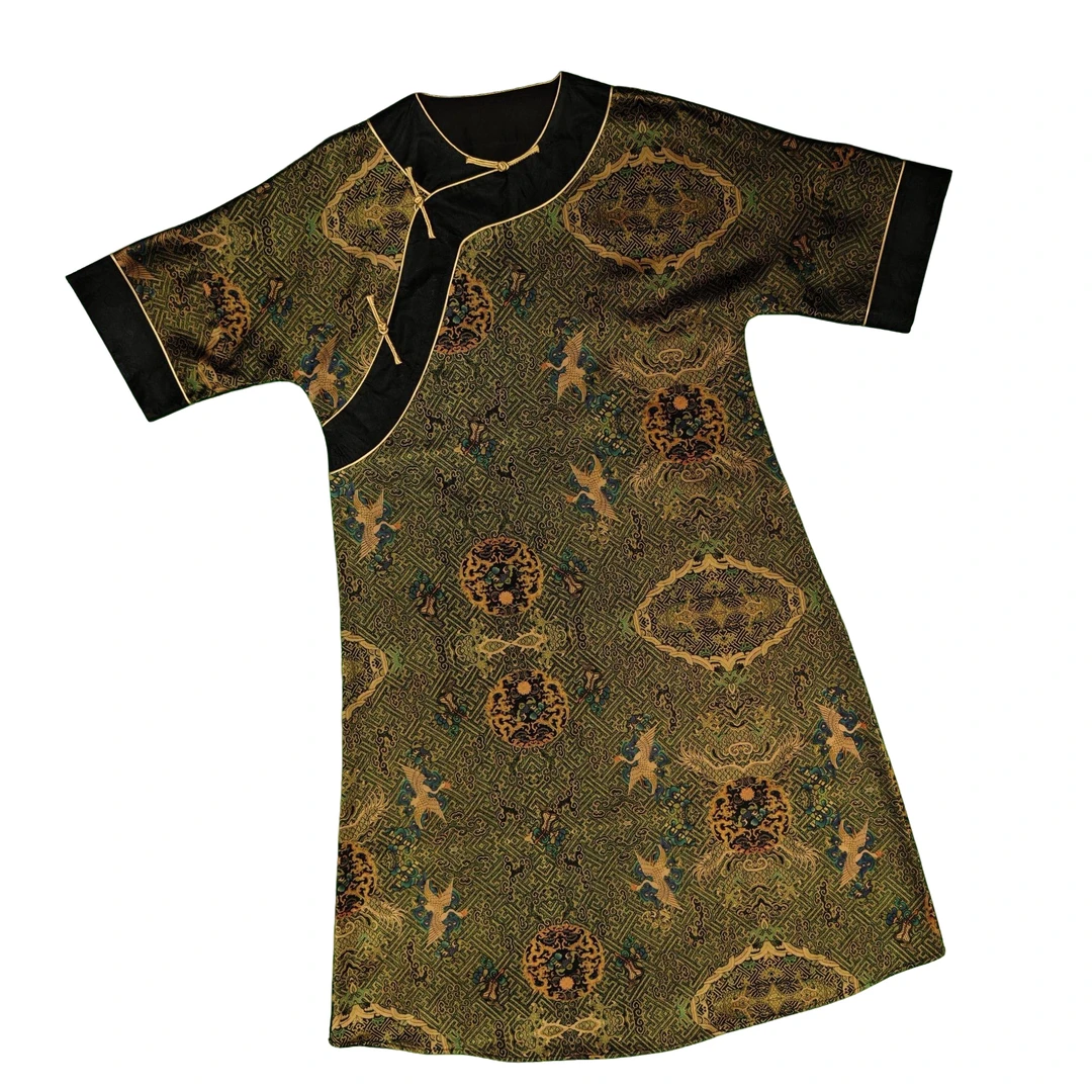 十二姨重锻香云纱廷寿国风斜襟圆领袍子（A2024802-07）