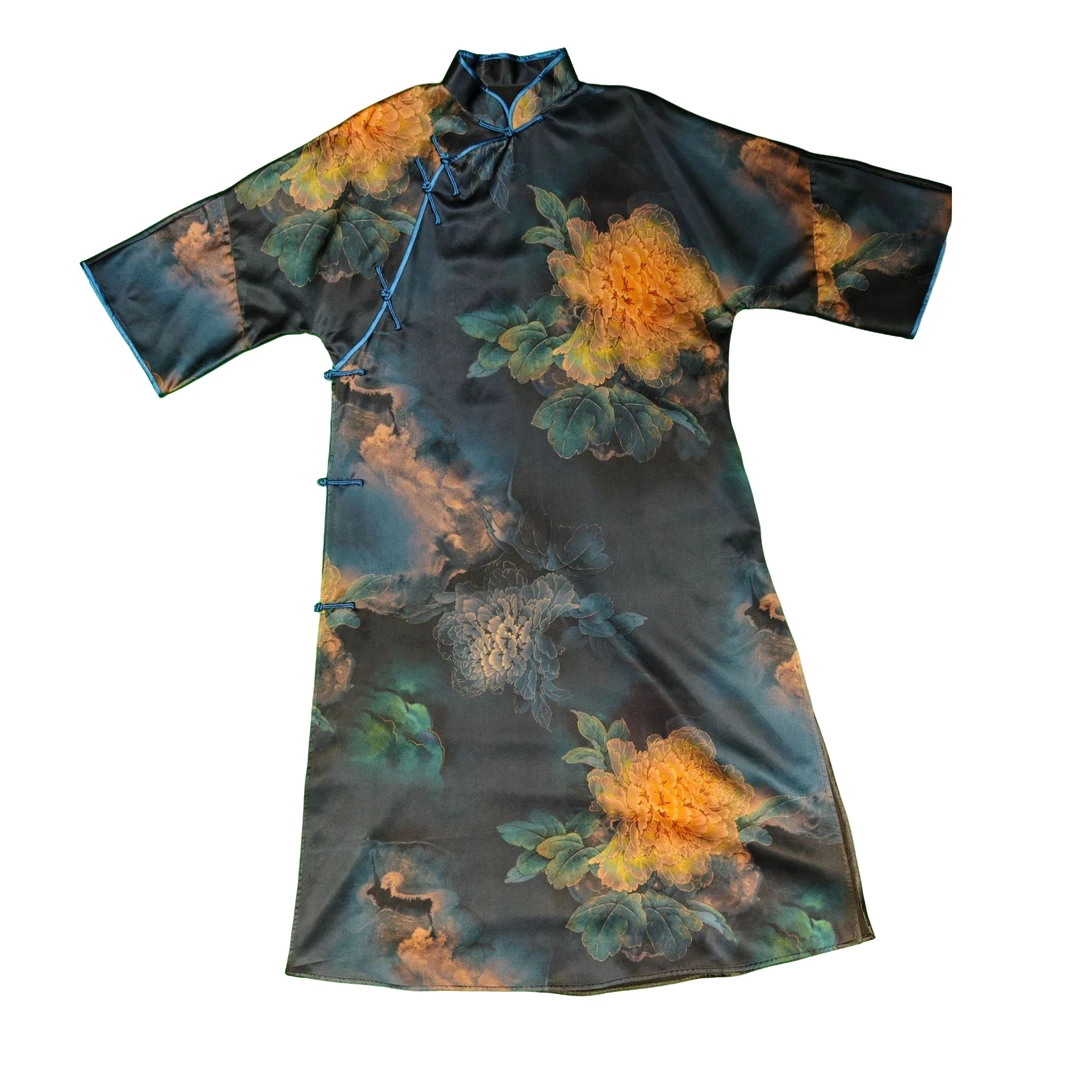 十二姨重缎香云纱斜襟立领新国风中长款旗袍（082813AA）