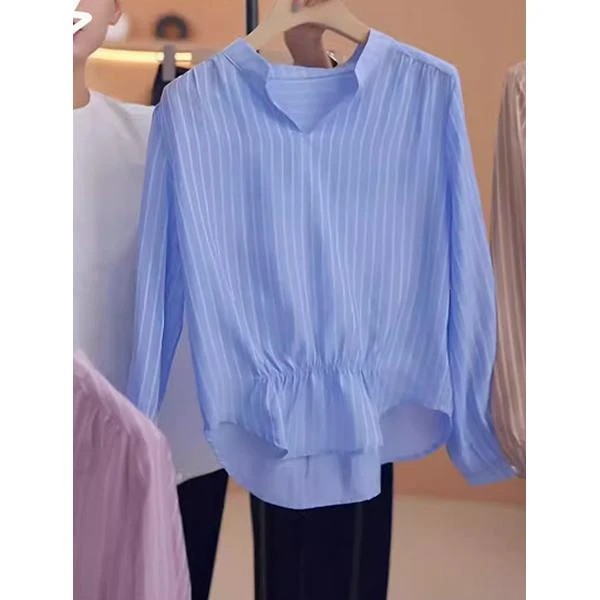 法式设计感条纹衬衫女初秋新款大码微胖mm百搭显瘦遮肚子长袖上衣