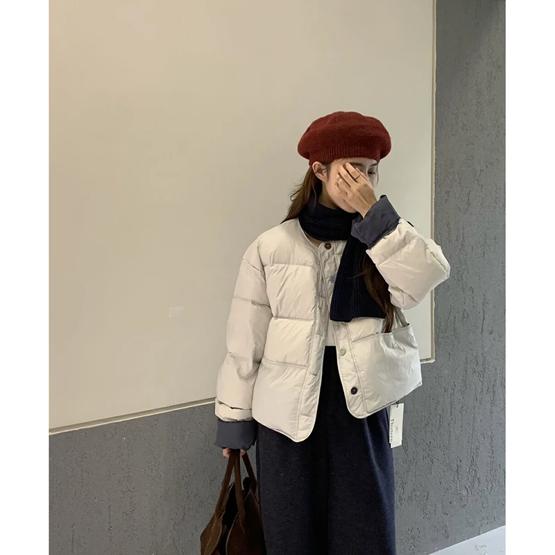 （配围巾）雾霾蓝撞色拼接羽绒服女秋冬2024新款韩版宽松设计感厚