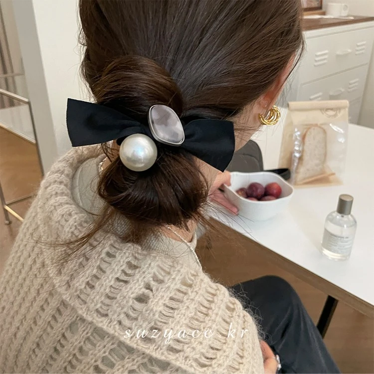 韩国黑色蝴蝶结珍珠发圈高弹力橡皮筋女扎头发2024年新款头绳发饰