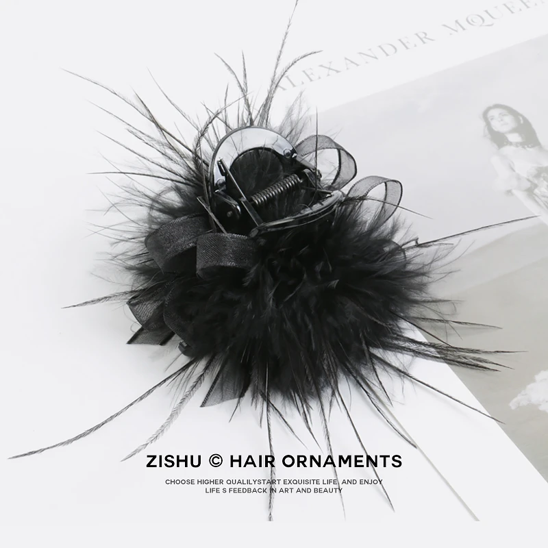 设计感网纱羽毛高马尾抓夹女鸵鸟毛发夹半扎夹子发饰高级感鲨鱼夹