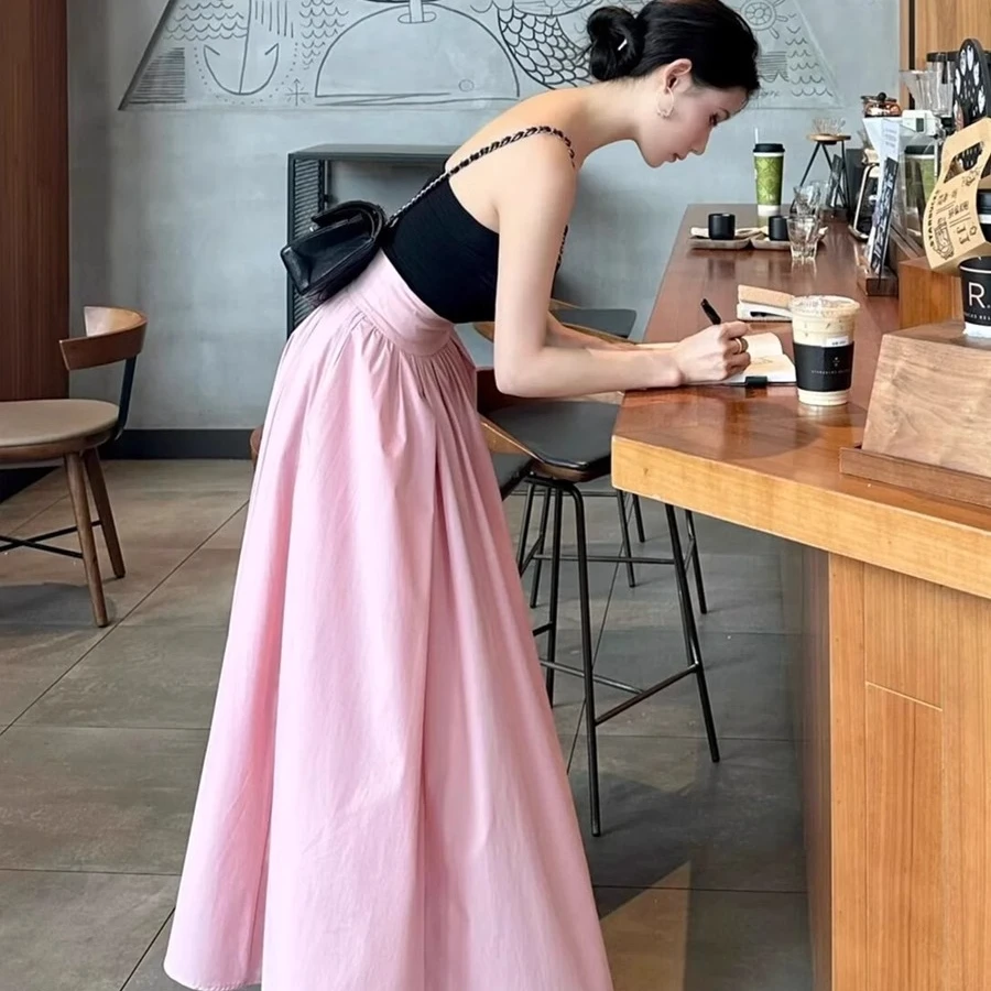 女士文艺高腰显瘦粉色半身裙女中长款夏天设计感小众高级感长裙