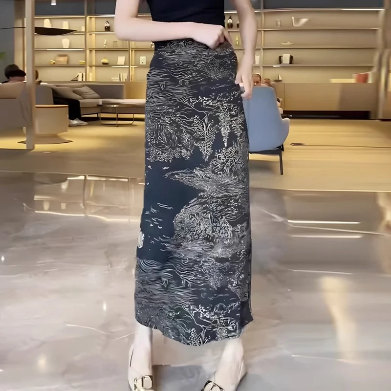 半身裙女2025年新品中国风印花轻奢气质百搭小个子长裙遮肚子裙子