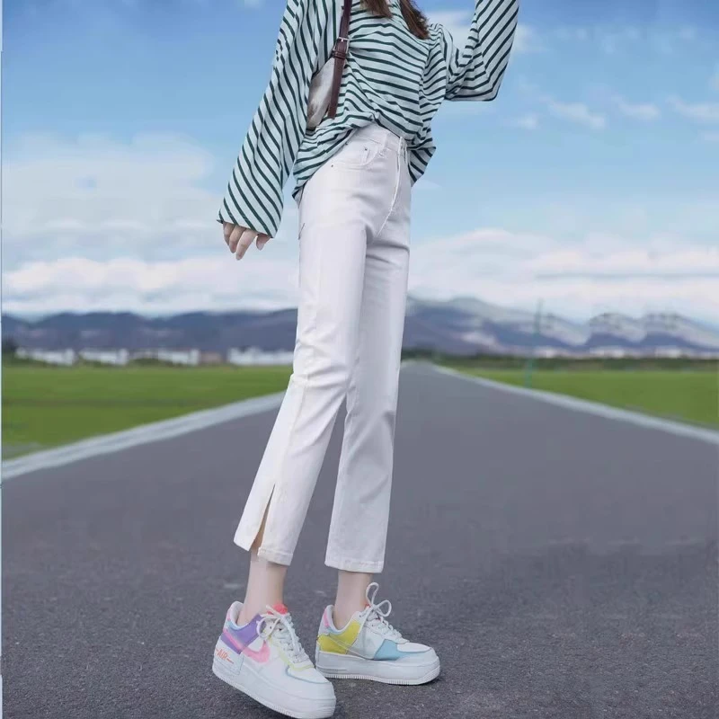 白色直筒牛仔裤女2025夏季新款高腰显瘦显高小个子九分开叉烟管裤