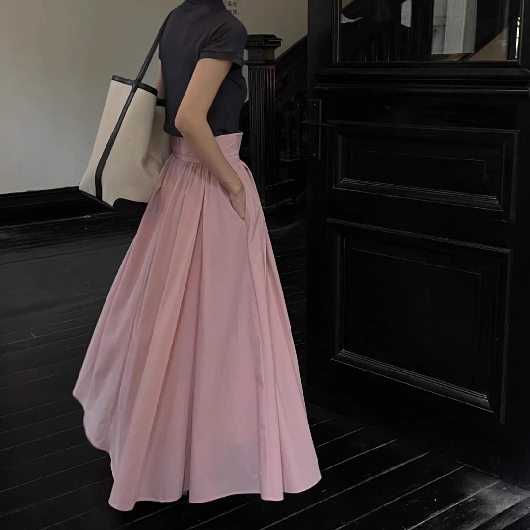 法式高级感显瘦粉色高腰半身裙女春季小个子长款裙子伞裙拖地长裙