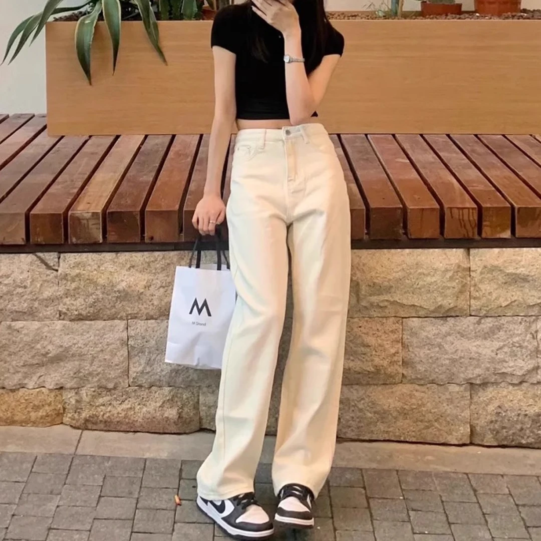 白色牛仔裤女春夏2025新款高腰直筒宽松垂感拖地裤休闲长裤直筒裤