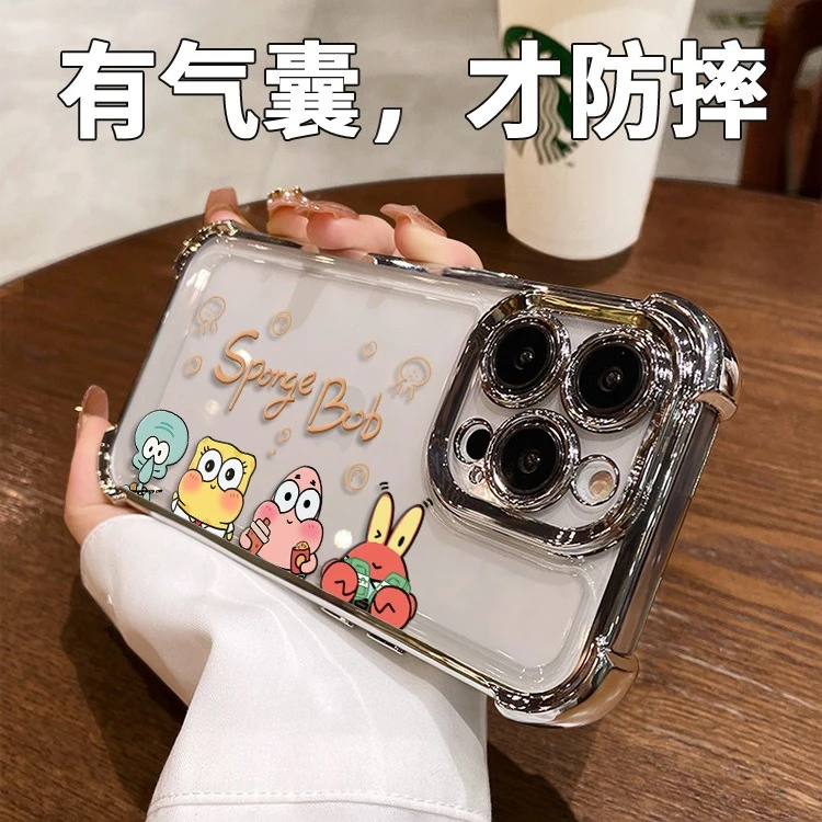 适用15苹果电镀四角气囊13手机壳iphone14卡通海绵成员12可爱透明
