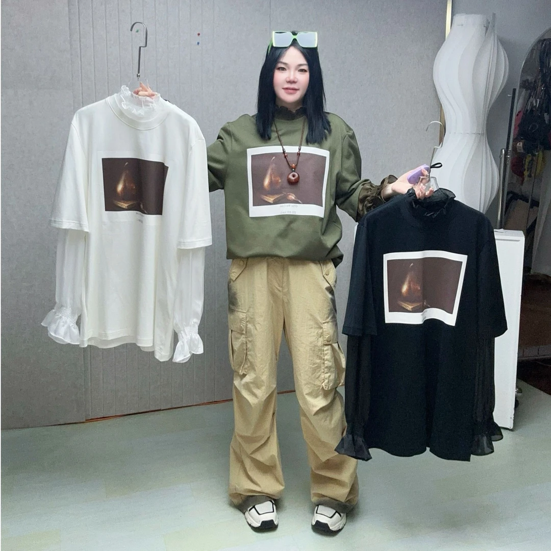 YOUWEI有尾授权2024秋季新款假两件主题印花T恤Y1224306