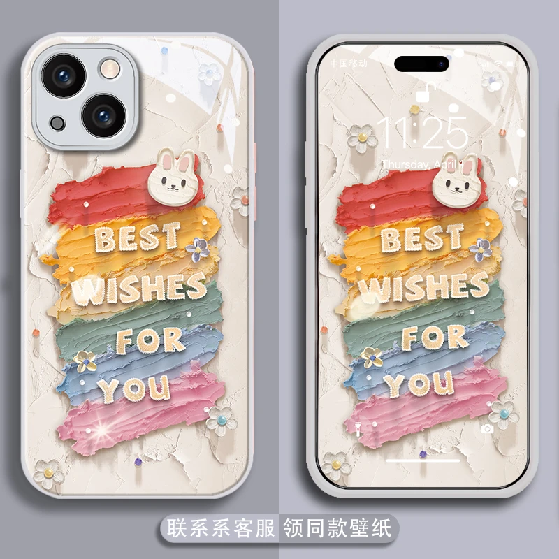 金属漆玻璃壳彩虹兔子苹果14手机壳iPhone13Promax全包12/11简约
