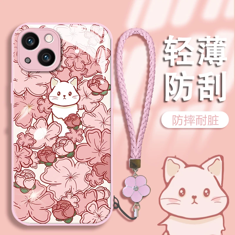 适用于苹果/华为/OPPO/VIVO/小米金属漆玻璃壳花朵猫咪手机壳女