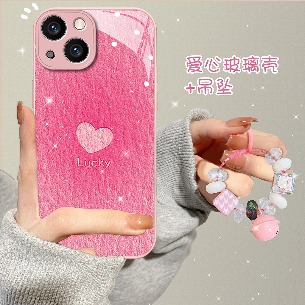 适用苹果/华为/vivo/oppo/小米爱心挂坠金漆玻璃壳女防摔手机壳