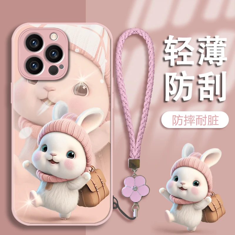 毛绒小兔苹果13/14/15全包手机壳vivo/oppo华为mate60pro玻璃壳女