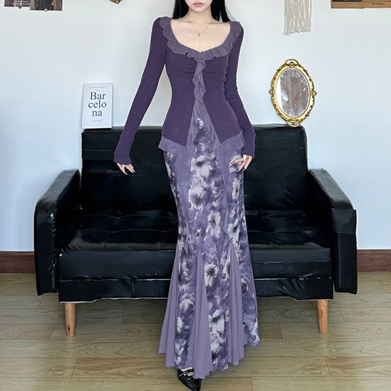 新中式复古印花套装荷叶领褶皱飘带开衫上衣低腰网纱拼接包臀长裙