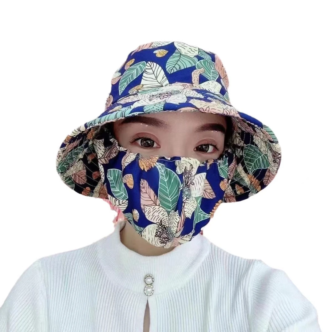 夏季女防晒口罩帽遮脸防紫外线太阳帽子采茶帽