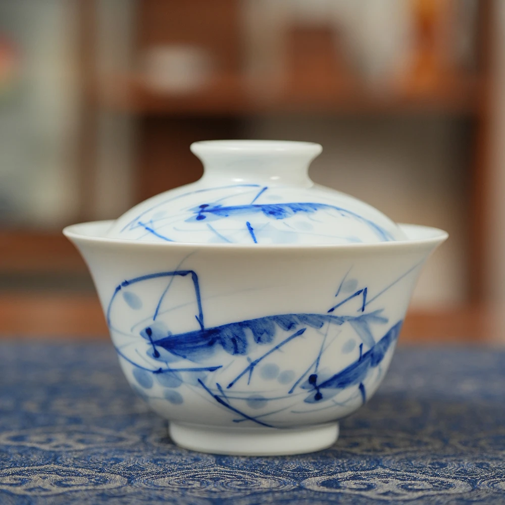 【墨舍柴窑】写意虾趣盖碗  景德镇陶瓷手绘泡茶器（zjf187）