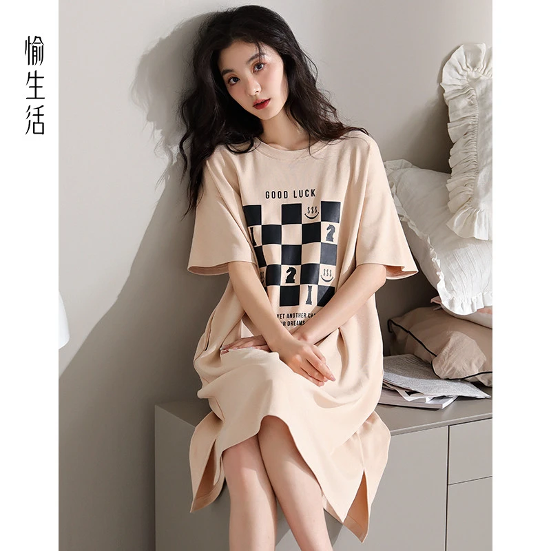 愉生活睡衣女夏季中长款短袖睡裙过膝大码夏天宽松连衣裙子家居服