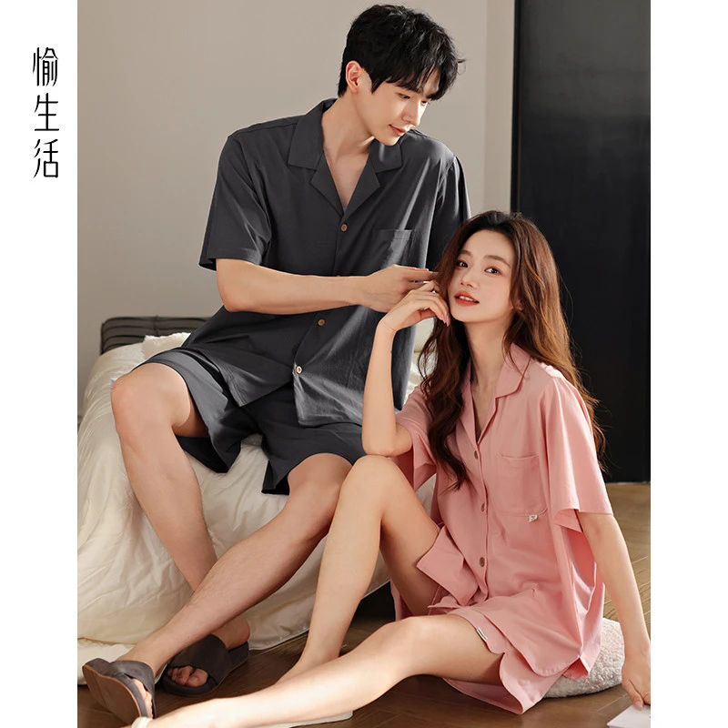 愉生活2024新款夏季睡衣女情侣装薄款纯棉短袖短裤开衫翻领家居服