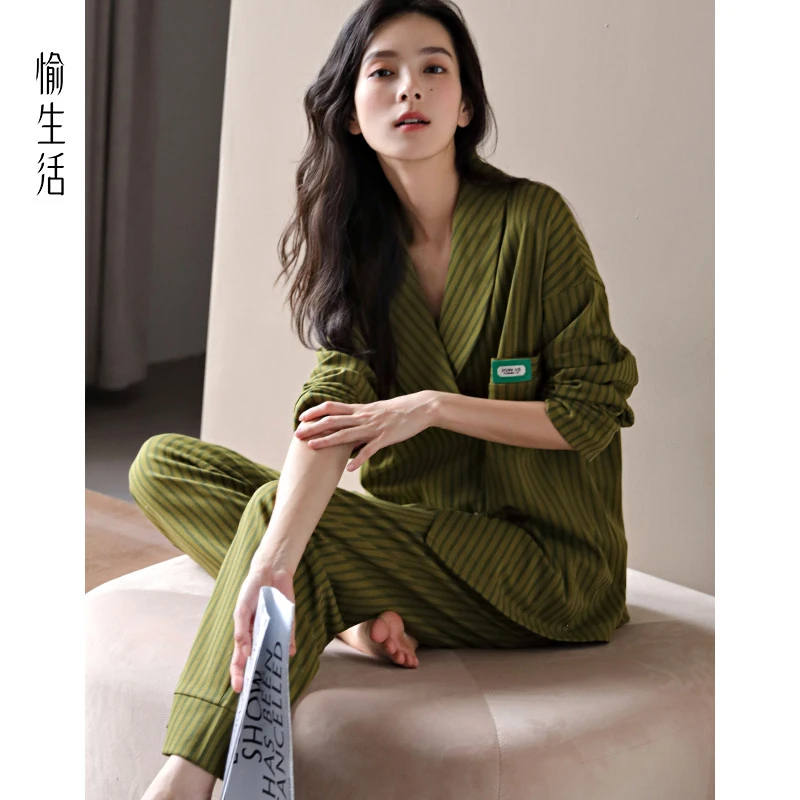 愉生活和服睡衣女春秋季纯棉长袖汉服套装秋冬新款日式条纹家居服