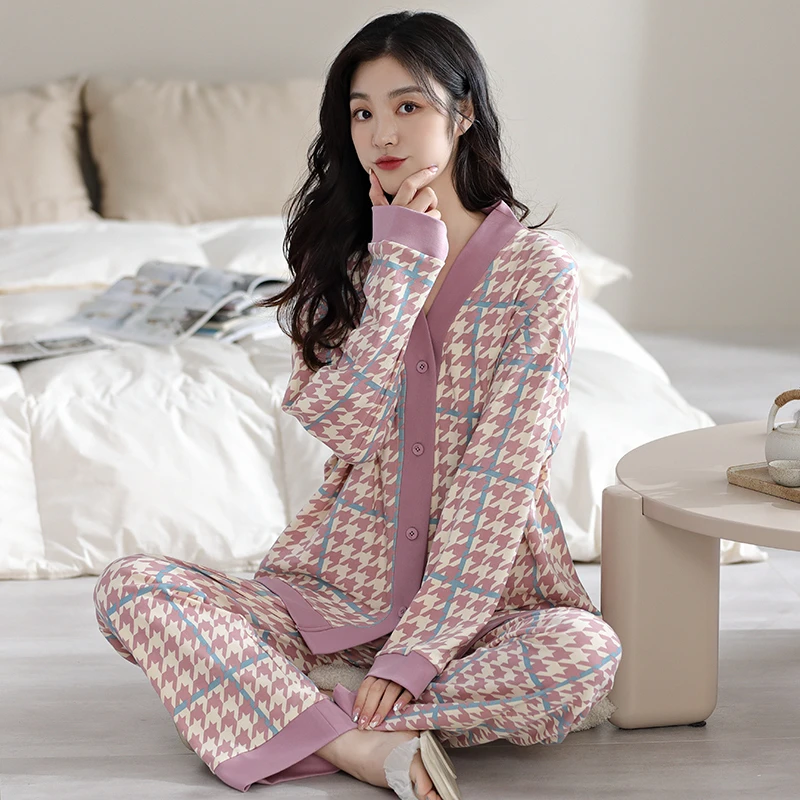 愉生活春秋季睡衣女纯棉长袖开衫套装秋冬新款休闲格子家居服