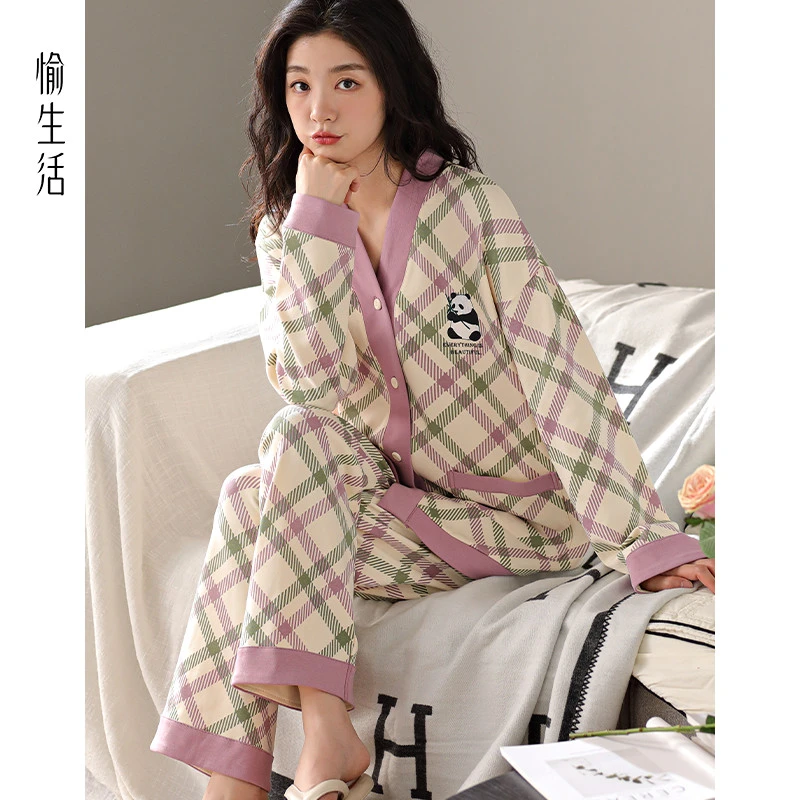 愉生活格子睡衣女纯棉春秋款长袖开衫V领条纹熊猫秋冬家居服套装