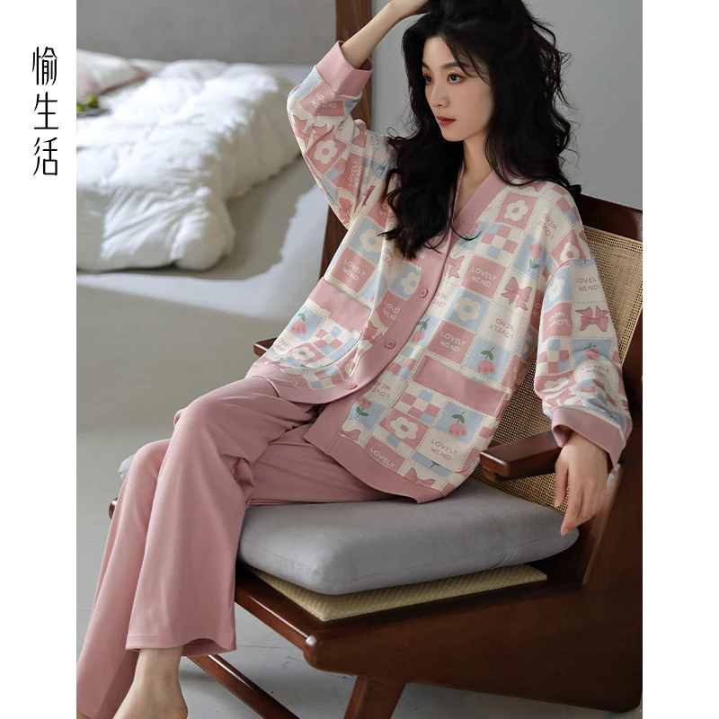 愉生活100%纯棉睡衣女春秋长袖开衫大码套装甜美秋冬款学生家居服