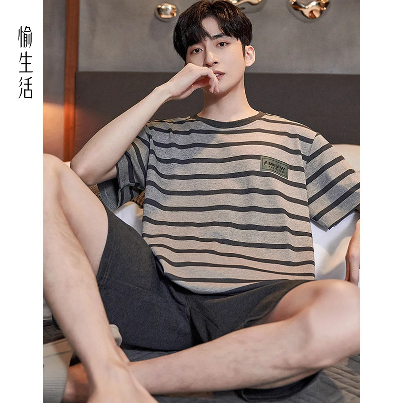 愉生活睡衣男夏季短袖条纹休闲舒适薄款夏男款可外穿高级感家居服
