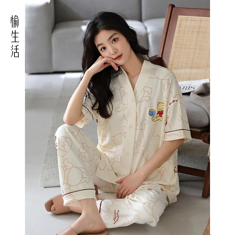 愉生活纯棉女士夏季薄款短袖长裤家居服开衫V领小熊可爱风套装