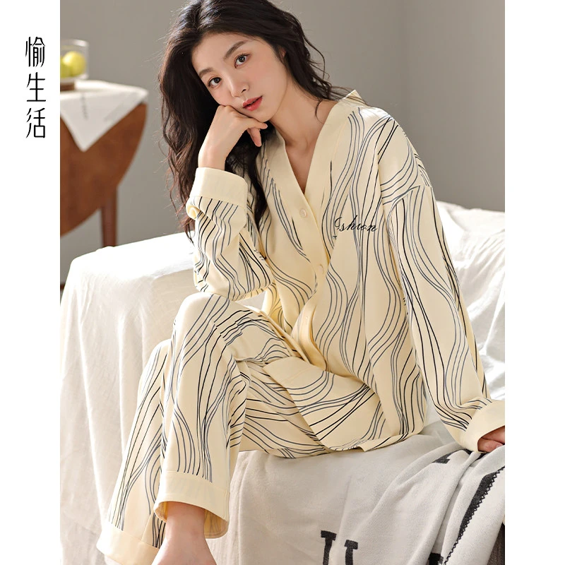 愉生活条纹睡衣女款纯棉春秋长袖开衫套装秋冬天可外穿洋气家居服