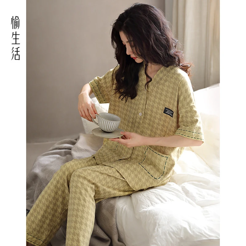 愉生活睡衣女士夏季纯棉短袖长裤开衫翻领千鸟格套装家居服可外出