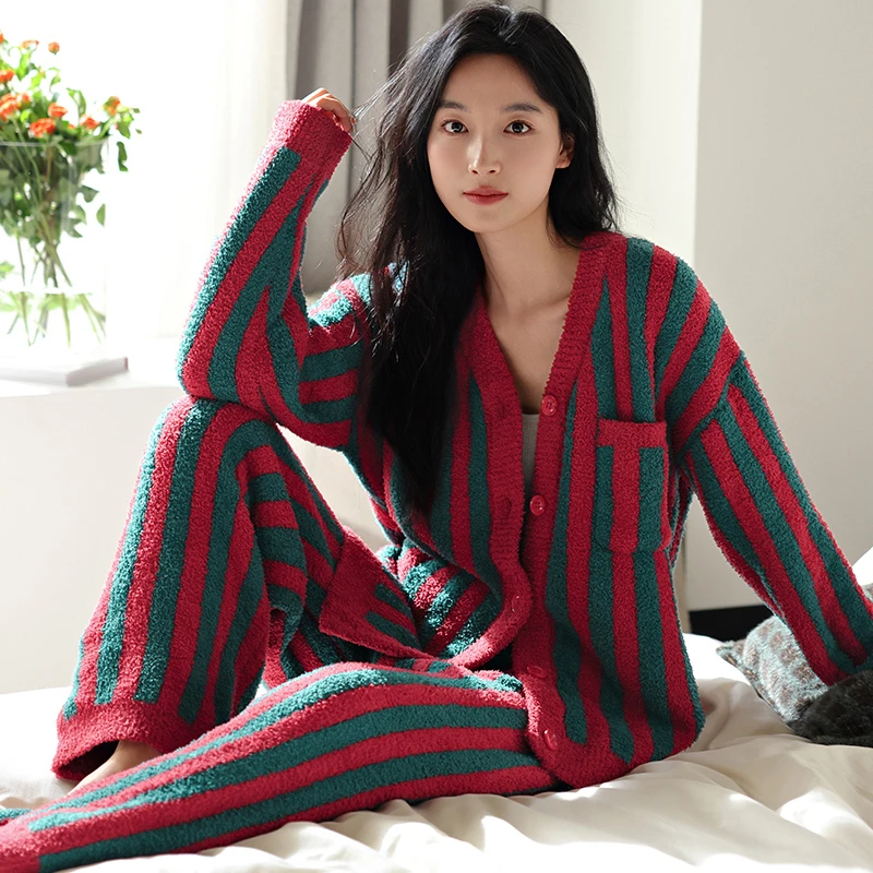 愉生活睡衣女士2025秋冬季新款半边绒套装加绒加厚保暖家居套装