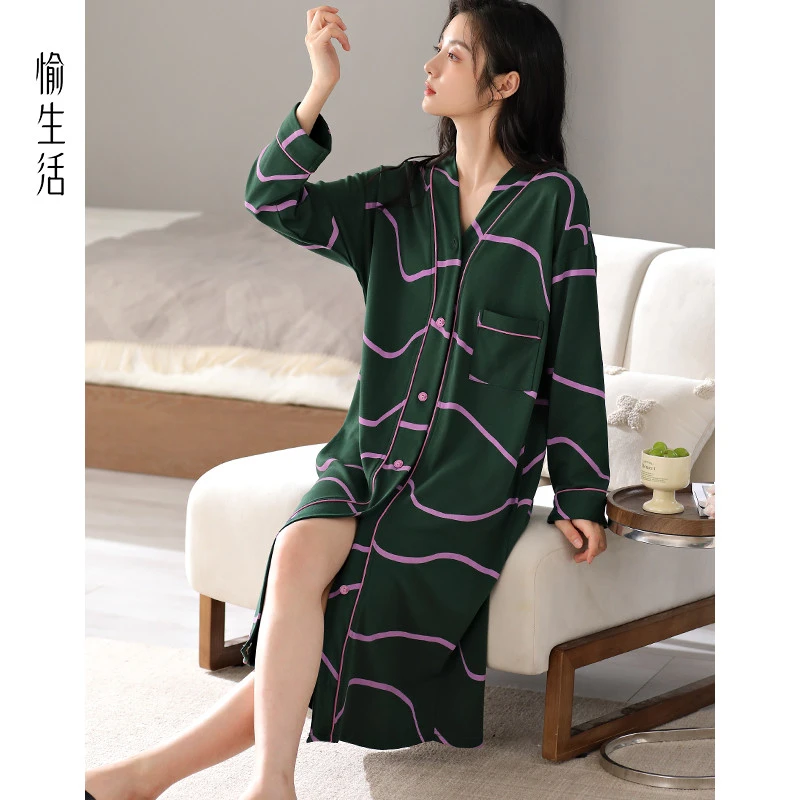 愉生活睡袍睡裙女春秋季长袖开衫睡衣薄款条纹连衣裙秋冬天家居服