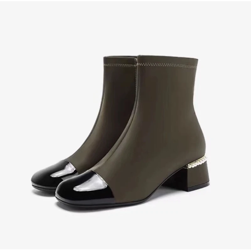 CL9331  黑色/卡其绒里  秋冬季百搭粗跟时尚女士方圆头真皮女靴